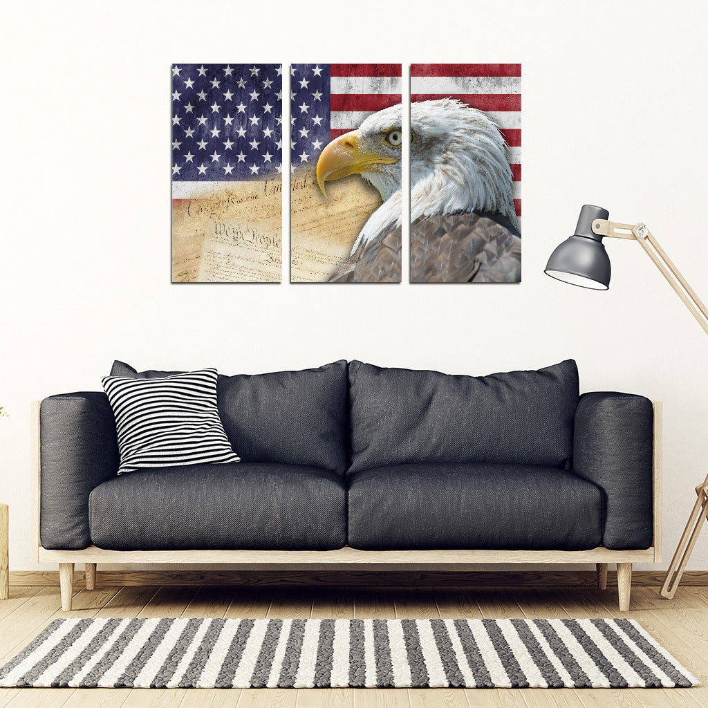 American Flag Bald Eagle Patriotic 3 Piece Framed Canvas