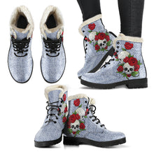 Load image into Gallery viewer, Skull Couple Roses (Light Denim) - Faux Fur Leather Boots
