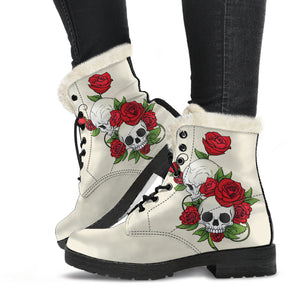 Skull Couple Roses (Sweet Corn) - Faux Fur Leather Boots