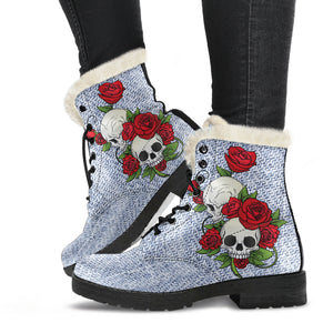 Skull Couple Roses (Light Denim) - Faux Fur Leather Boots