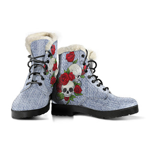 Skull Couple Roses (Light Denim) - Faux Fur Leather Boots