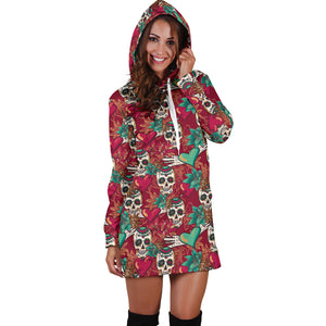 Red & Green Heart Skull Women's Hoodie Dress