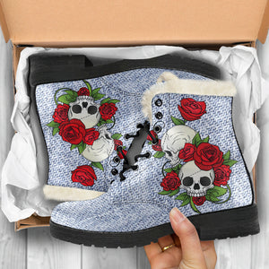 Skull Couple Roses (Light Denim) - Faux Fur Leather Boots