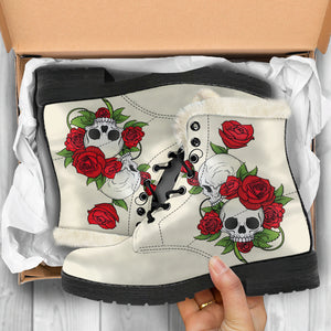 Skull Couple Roses (Sweet Corn) - Faux Fur Leather Boots